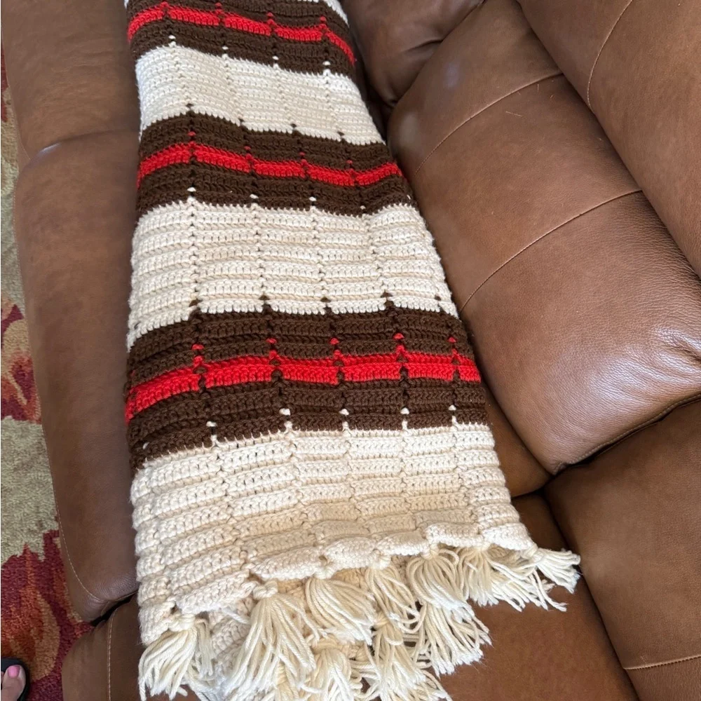 Vintage Hand Made Crocheted Afghan Red and Brown Striped Retro Throw Blanket